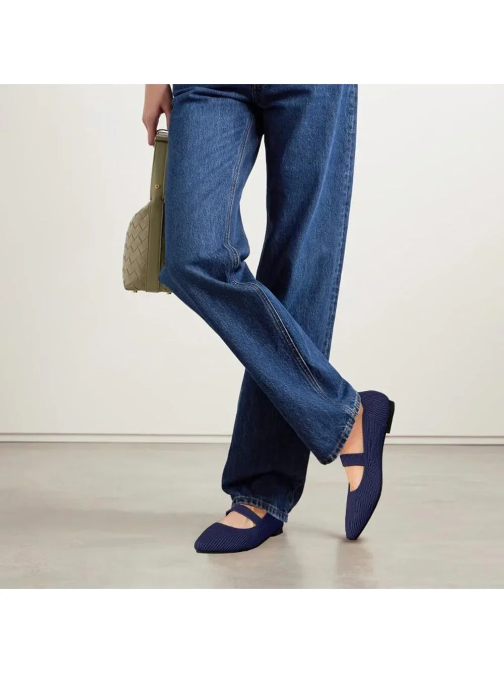 Women's Navy Knit Mary Jane Flats Pointed Toe Pull On Comfortable Flats Shoes